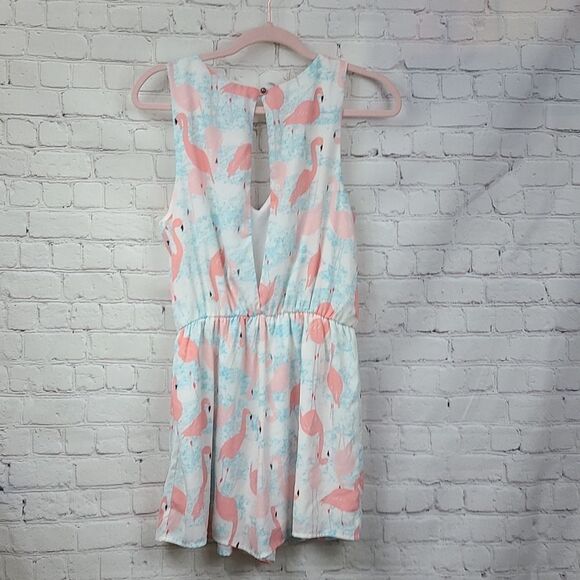 Francesca's Flamingo Romper White Keyhole Open Back L 10/12 Sleeveless le Kate - Picture 5 of 14